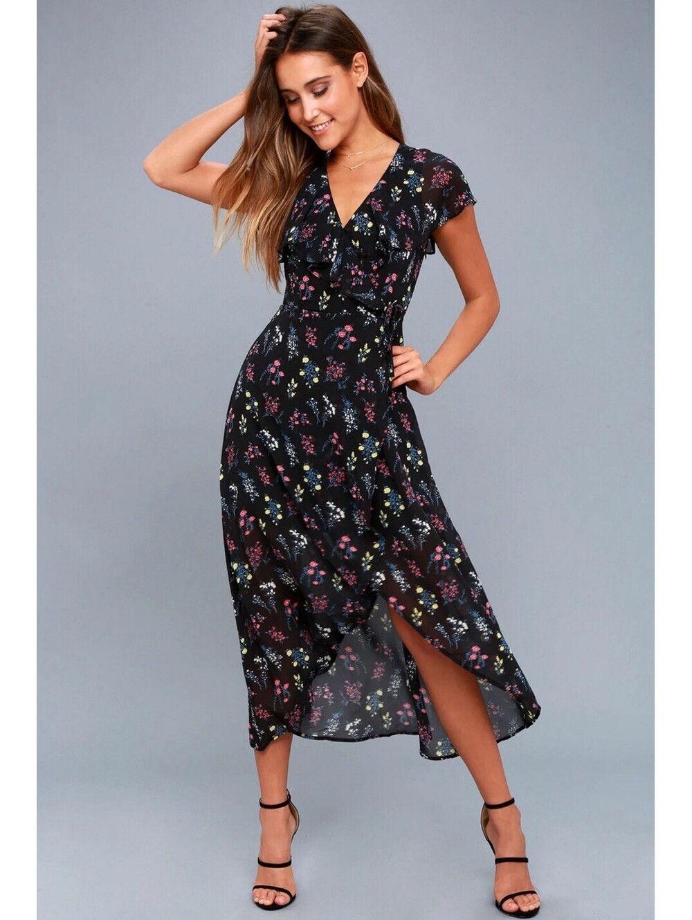 Lulus Act Of Love Floral Wrap Midi Dress VNeck Ruffle Black High Low Size Small